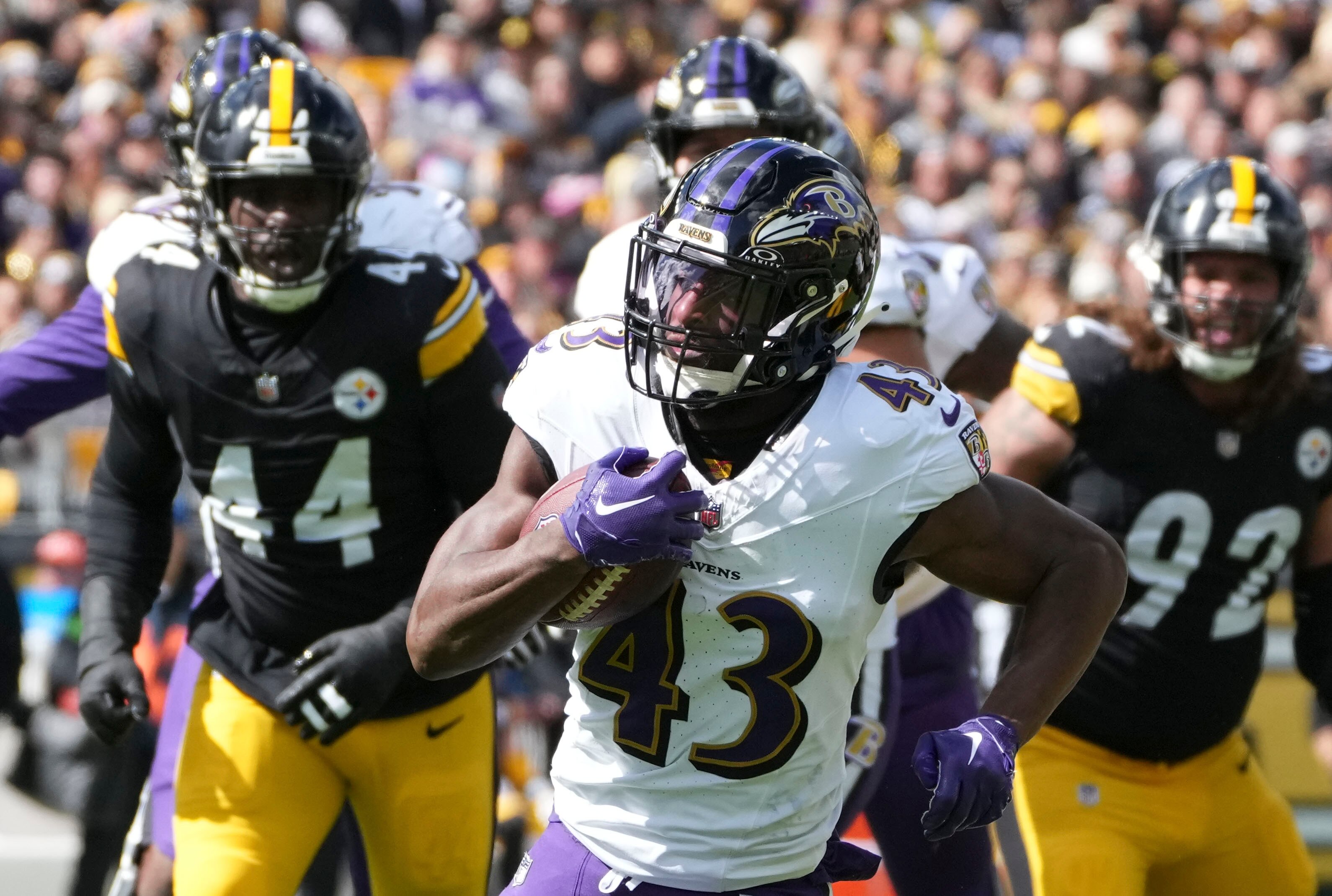 Running back Justice Hill scored the Ravens' touchdown in their 17-10 loss at Pittsburgh on Oct. 8.