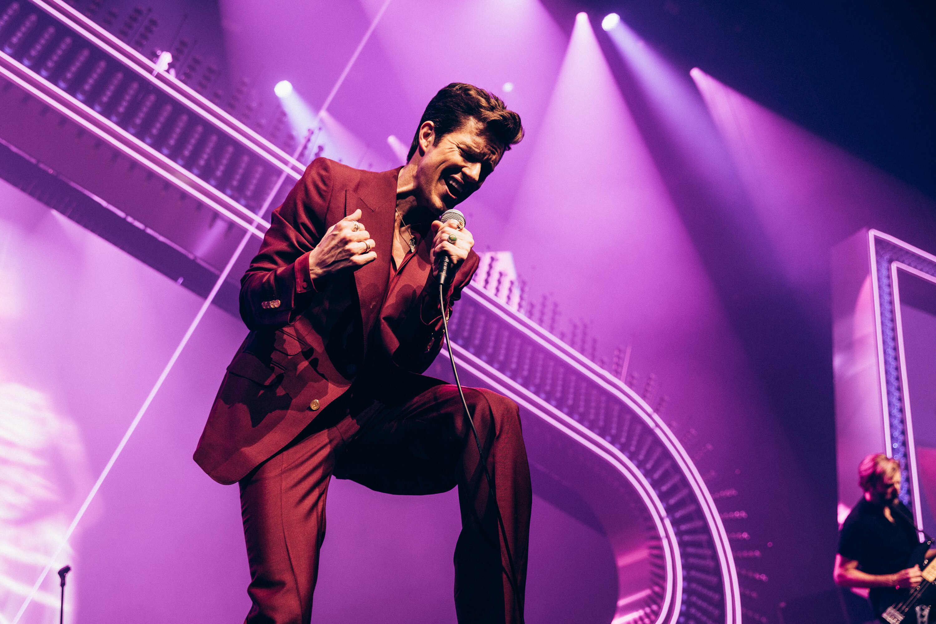 Brandon Flowers, lead singer of The Killers, performs with the band at Caesar's Palace in Las Vegas, Nevada on August 14, 2024.