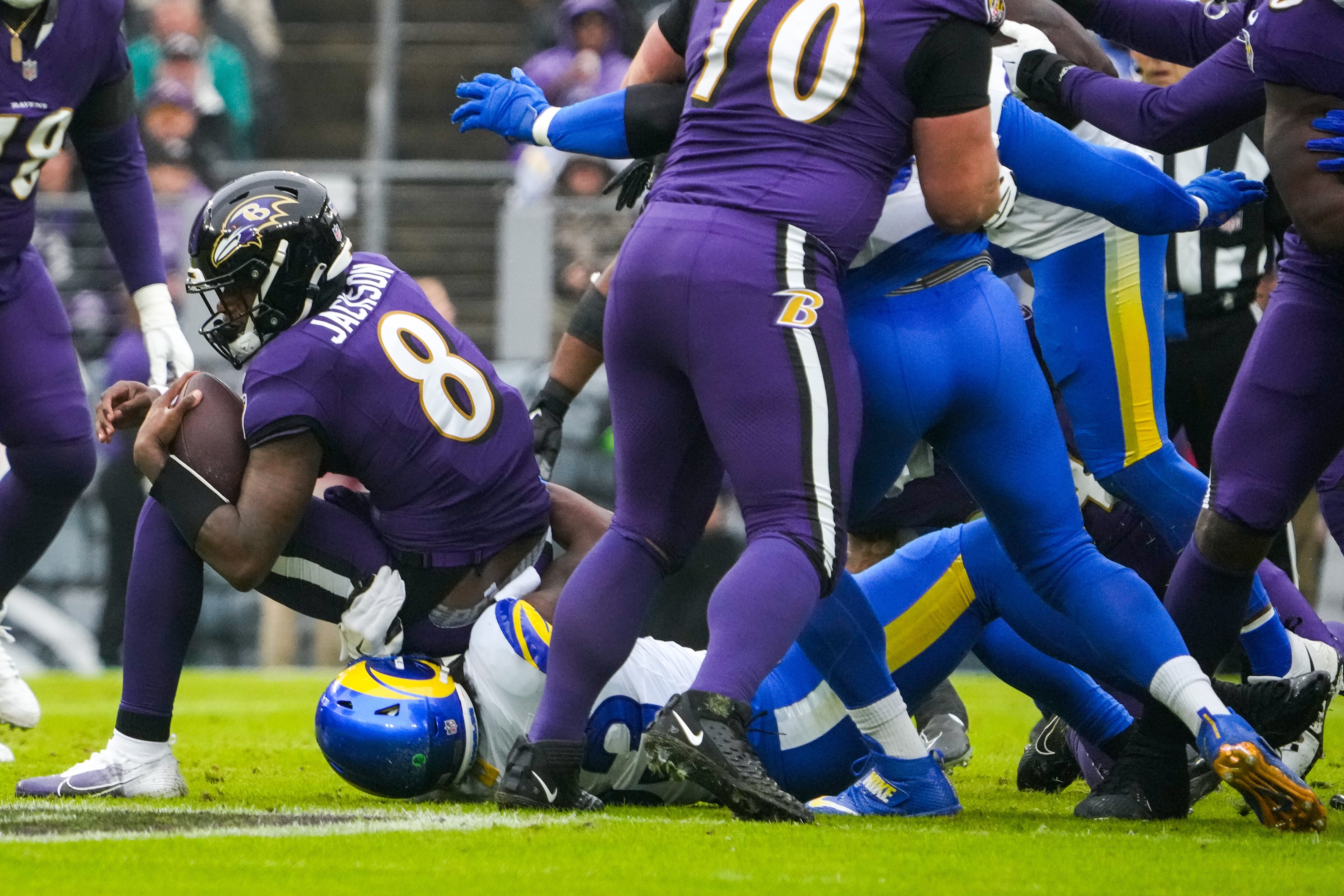 Lamar Jackson takes a sack against the Los Angeles Rams last season.
