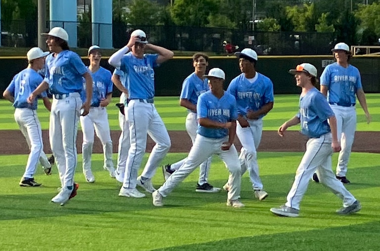 River Hill's baseball team celebrate after its victory over Stephen Decatur in a Class 3A state semifinal Tuesday at Joe Cannon Stadium. The No. 3 Hawks reached their first state final since 2009 with a 5-3 victory over the Worchester County school.