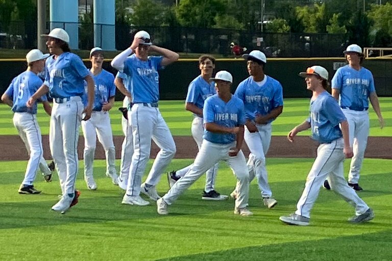 River Hill's baseball team celebrate after its victory over Stephen Decatur in a Class 3A state semifinal Tuesday at Joe Cannon Stadium. The No. 3 Hawks reached their first state final since 2009 with a 5-3 victory over the Worchester County school.