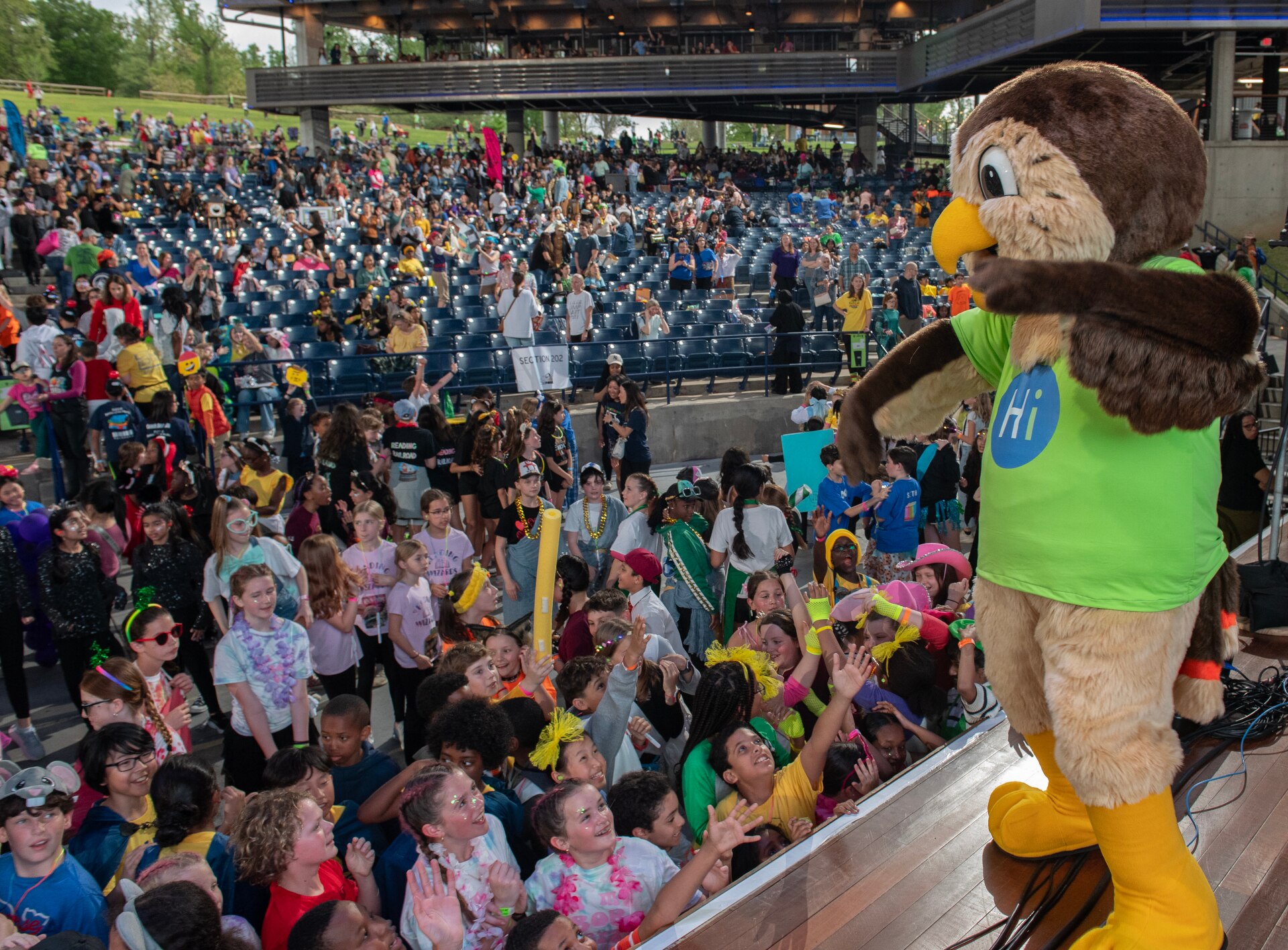 Howard Public Library mascot Booker the Owl greets attendees at the Howard County Library System’s 2025 Battle of the Books on April 25, 2025, at Merriweather Post Pavilion in Columbia.