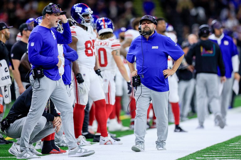 NEW ORLEANS, LOUISIANA - OCTOBER 05: Head coach Brian Daboll of the New York Giants reacts on the sideline during the fourth quarter against the New Orleans Saints in the game at Caesars Superdome on October 05, 2025 in New Orleans, Louisiana.
