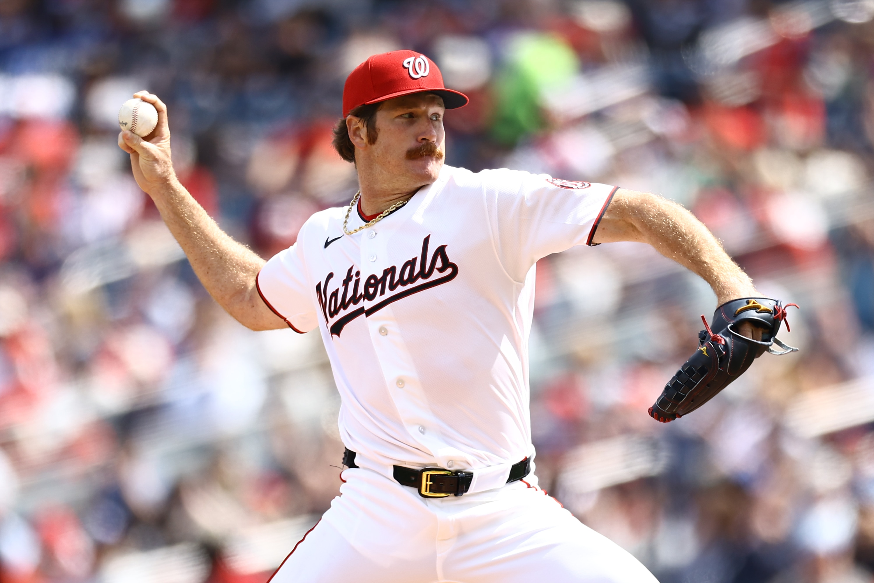 Washington Nationals starter Miles Mikolas pitches during the first inning against the Los Angeles Dodgers on Friday. 