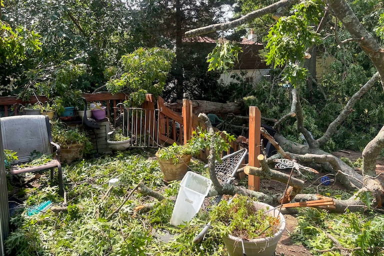 The Fourth of July storm left Helga Mills' sister's home in Severn, a street away from her own home, with a tree in her front yard and a destroyed patio.