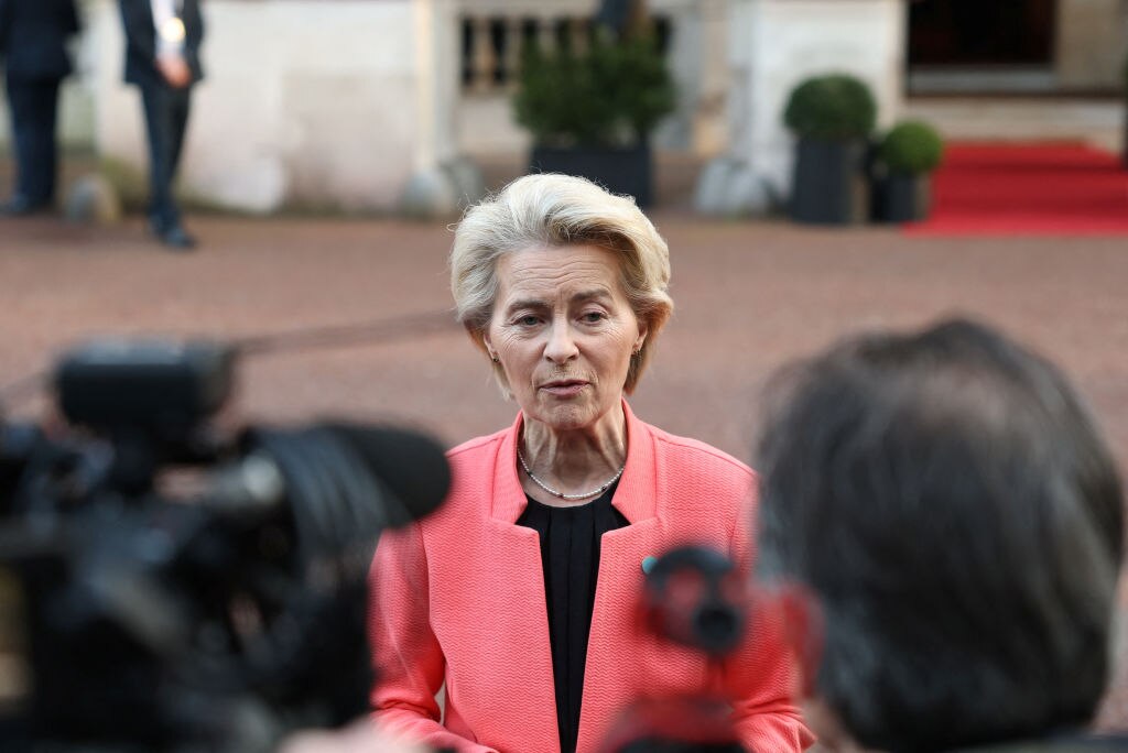 European Commission President Ursula von der Leyen speaking to the media.