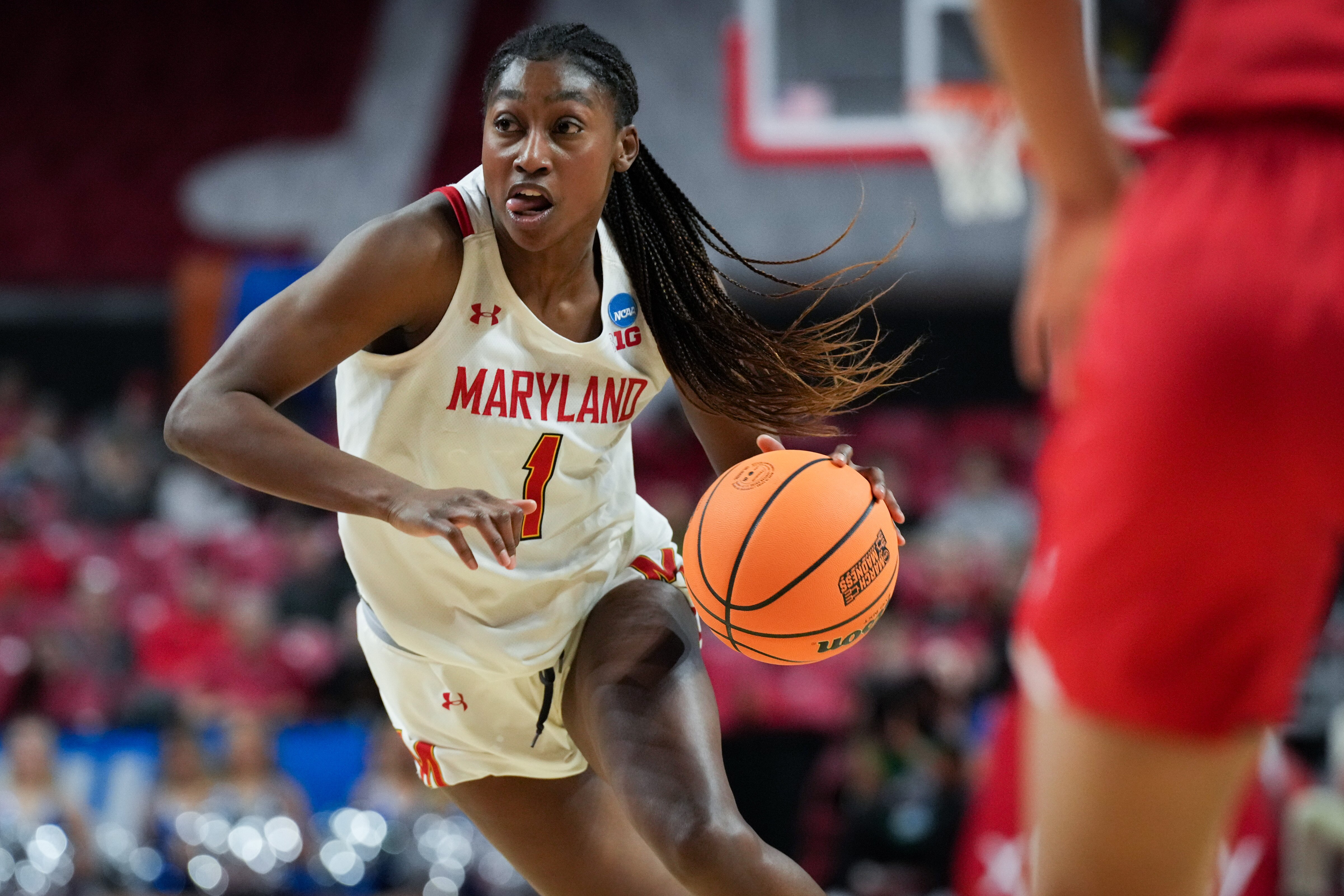 Maryland’s Diamond Miller (1) dribbles down the court at the XFINITY Center during a tournament game between the No. 2 Maryland Terrapins and the No. 7 Arizona Wildcats. The University of Maryland beat the University of Arizona, 77-64, in the second round of the NCAA Women’s Basketball Tournament.