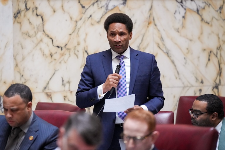 Sen. Arthur Ellis, a Charles County Democrat, speaks during floor debate in the Senate Chamber of the Maryland State House on March 15, 2024.