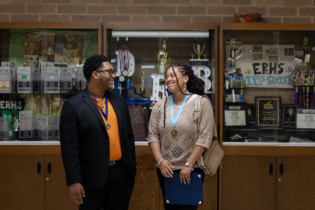 Friends Isaiah Ali, 16, and Kaliyah Fletcher, 17, chat after the award ceremony. They have known each other since middle school, and read each other's writing.