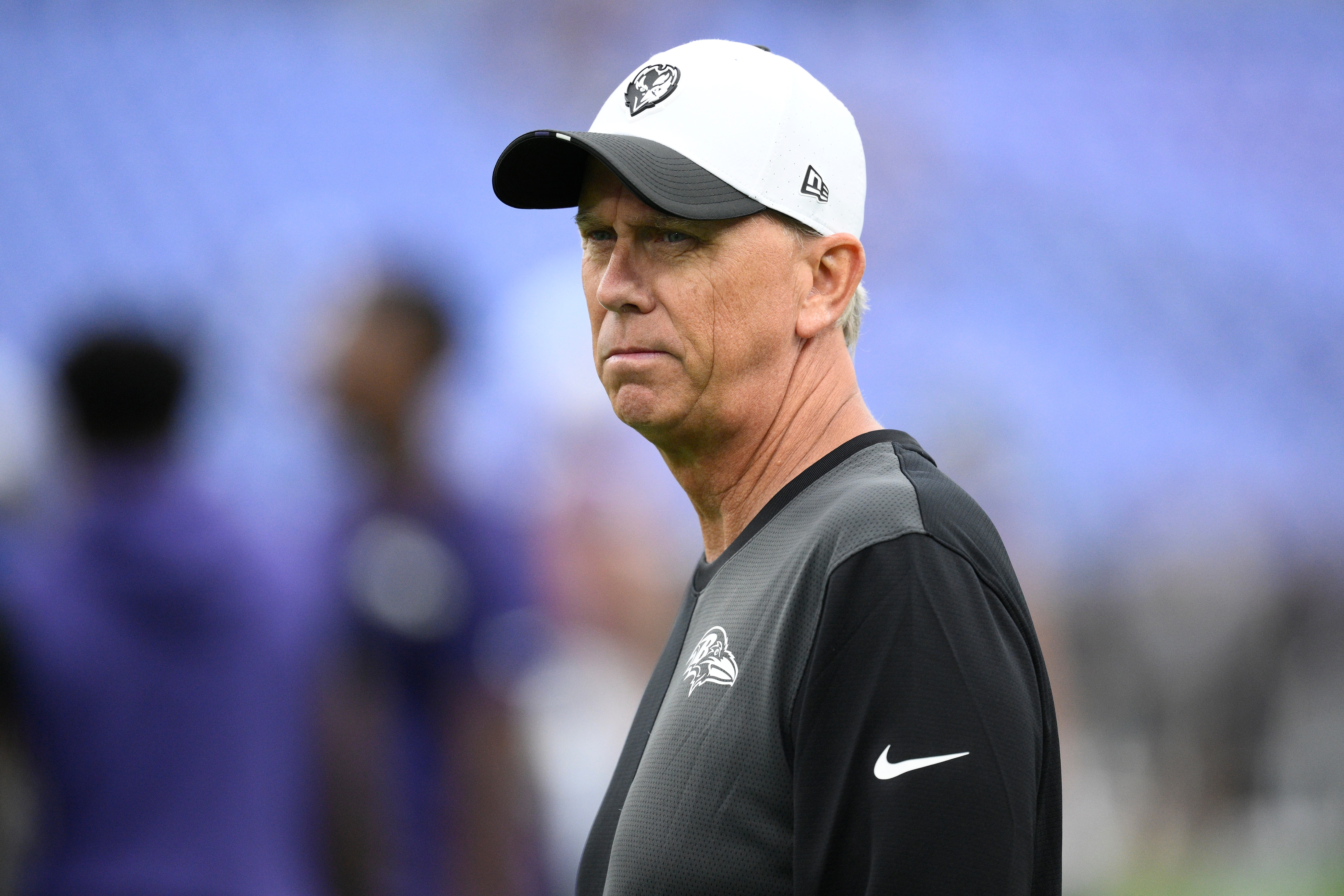 Baltimore Ravens offensive coordinator Todd Monken looks on before a preseason NFL football game against the Indianapolis Colts, Thursday, Aug. 7, 2025, in Baltimore.