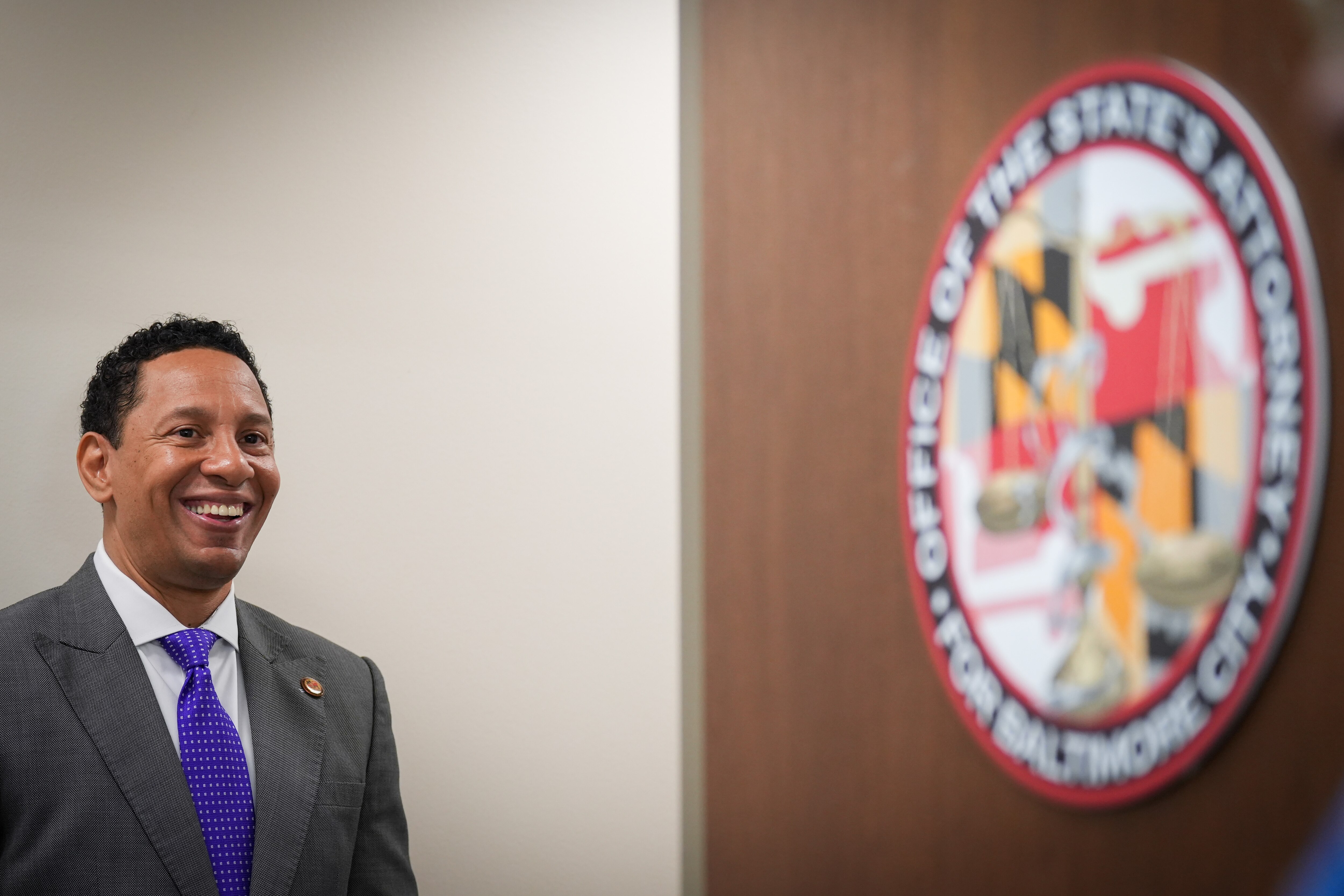 Baltimore City State’s Attorney Ivan Bates greets members of the media after a press conference in his office on 1/20/23.