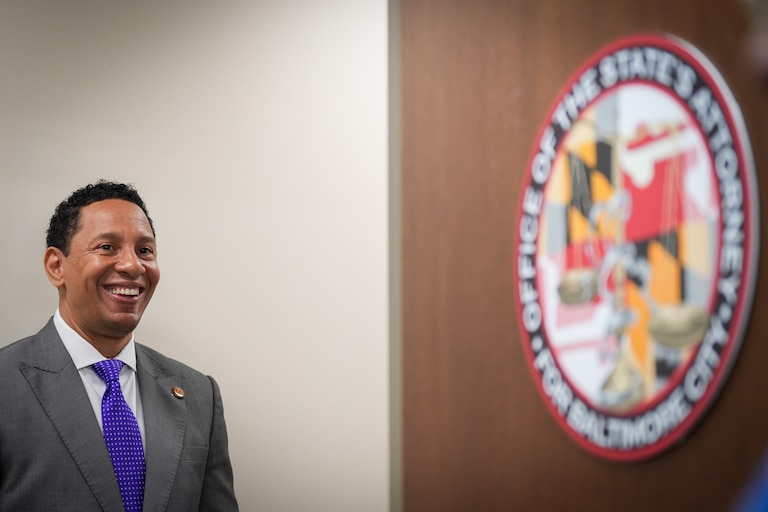 Baltimore City State’s Attorney Ivan Bates greets members of the media after a press conference in his office on 1/20/23.