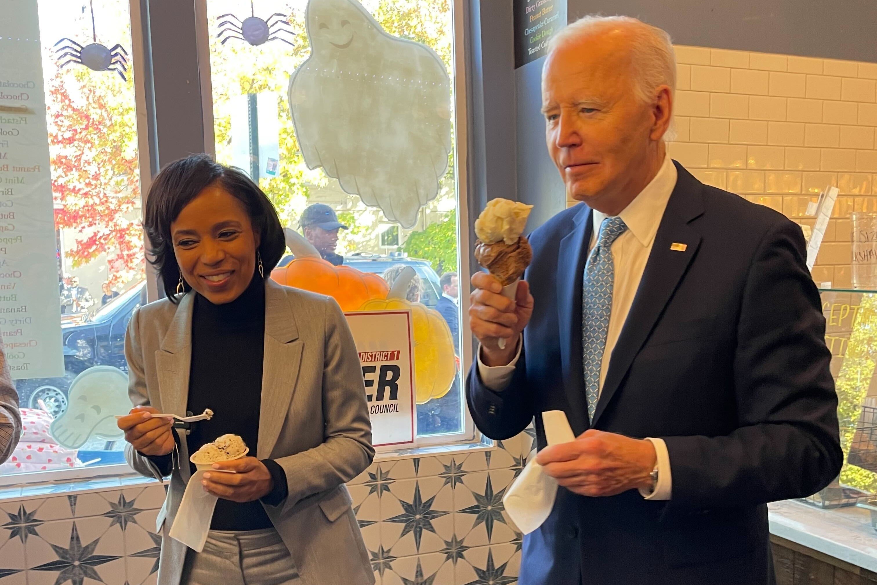 Maryland senate candidate Angela Alsobrooks enjoys a scoop of ice cream alongside President Biden at Bmore Licks in Canton.