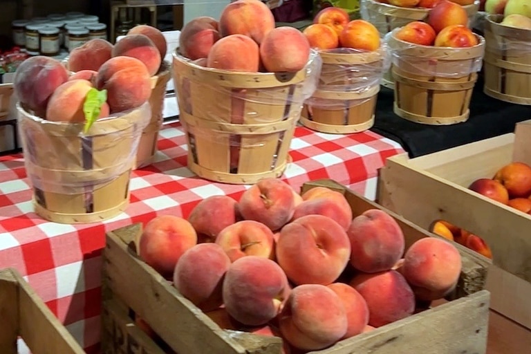 The lower level of the Historic Round Barn & Farm Market in Biglerville, Pennsylvania, operates as a seasonal market with local produce.