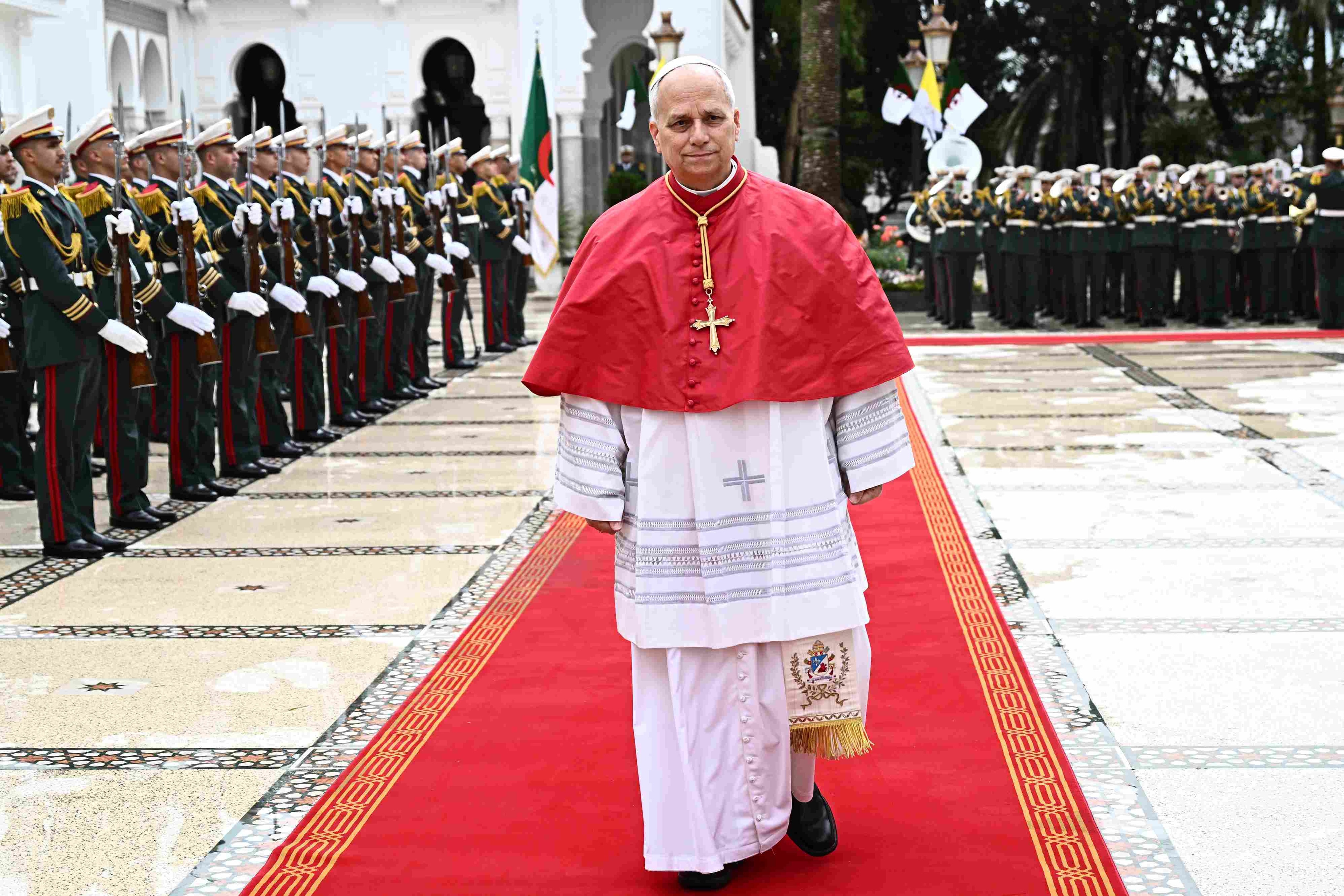 Pope Leo XIV arrives at the El Mouradia Presidential Palace in Algiers, Monday, April 13, 2026, at the start of an 11-day apostolic journey to Africa.