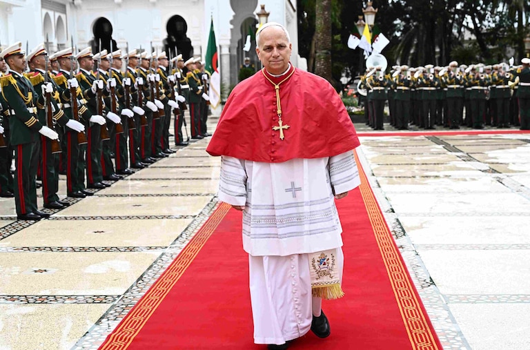 Pope Leo XIV arrives at the El Mouradia Presidential Palace in Algiers, Monday, April 13, 2026, at the start of an 11-day apostolic journey to Africa.