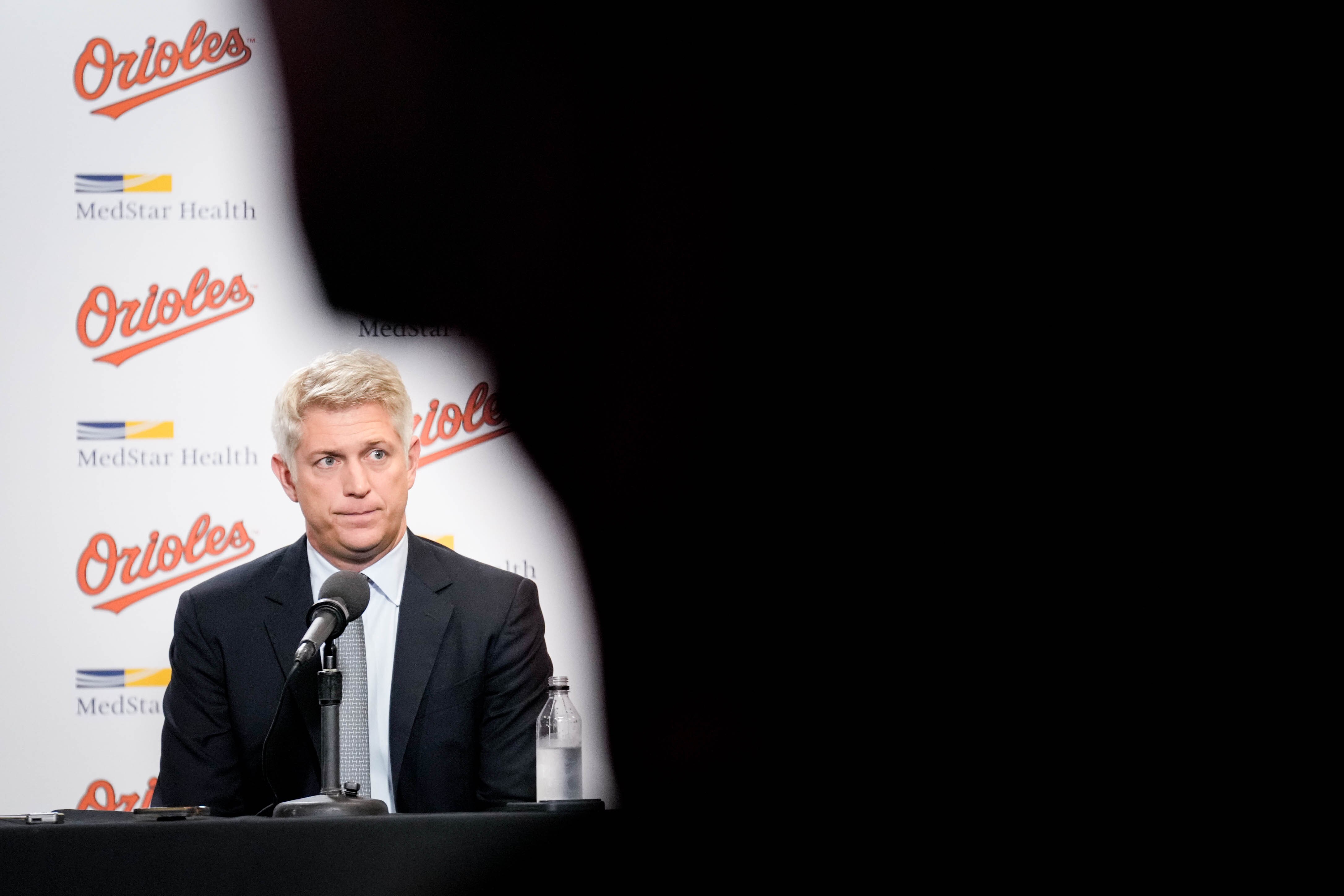 Mike Elias, Baltimore Orioles president of baseball operations, takes reporters’ questions Monday during the team’s end-of-season news conference.