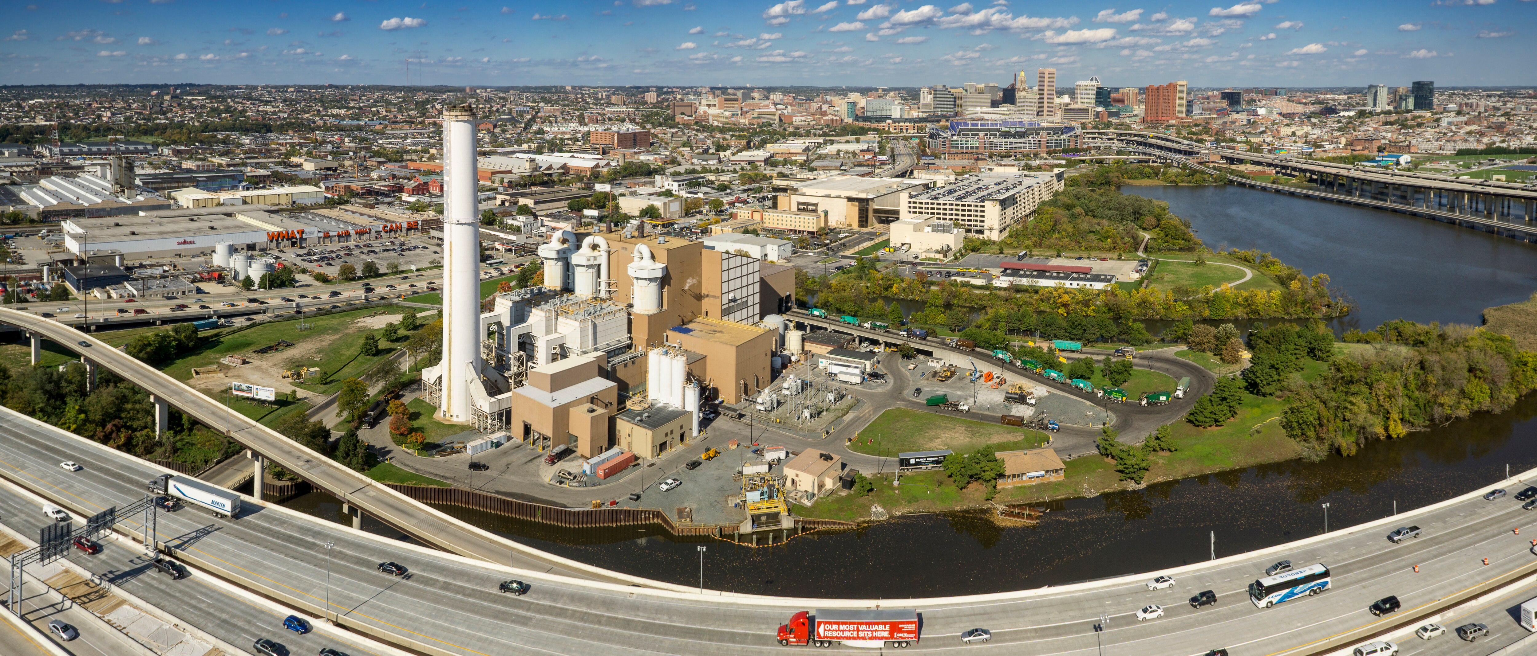 An aerial view of the WIN Waste incinerator in Baltimore, previously known as Wheelabrator or BRESCO.