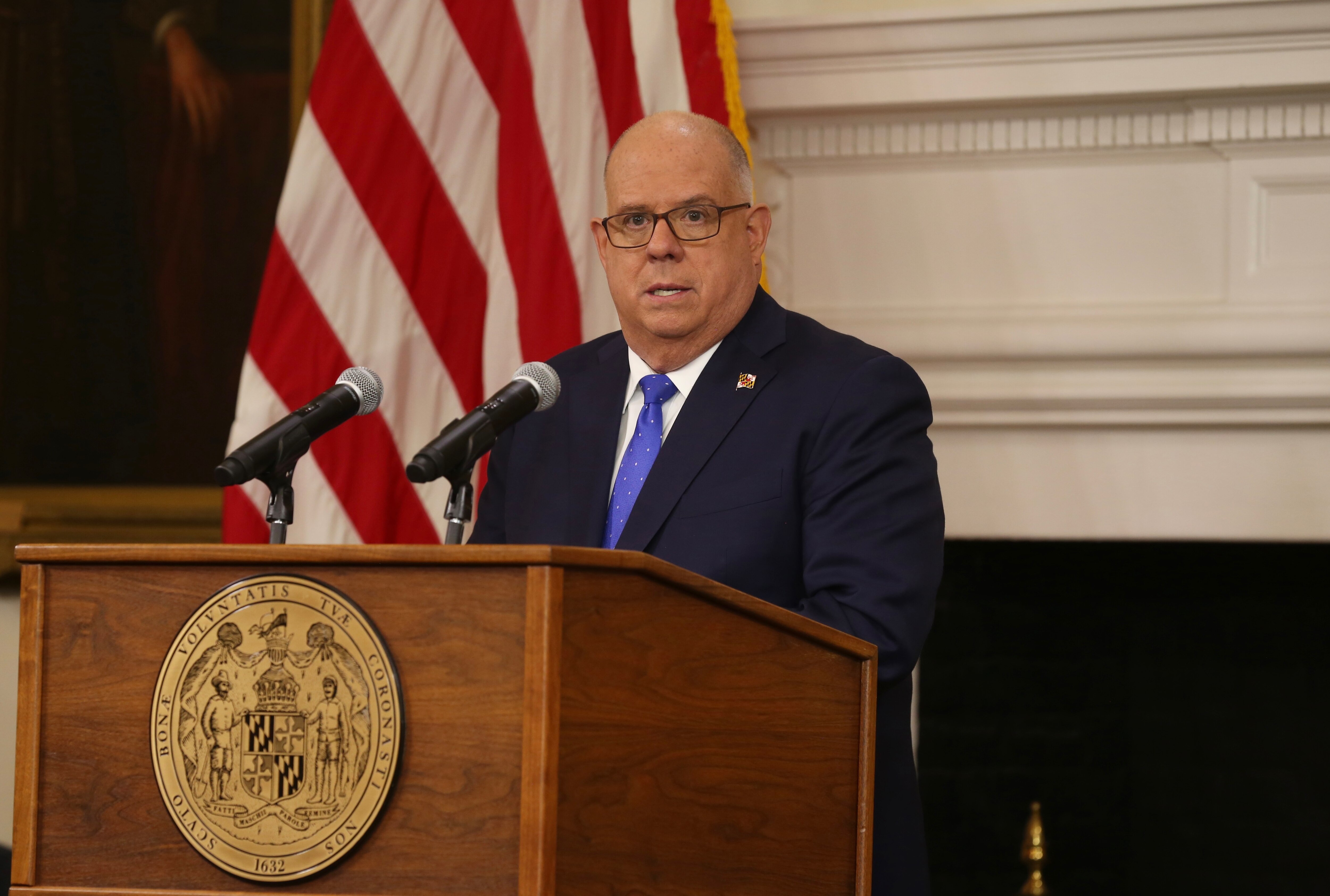 Maryland Gov. Larry Hogan announces a new program called "Jobs That Build" that will send grants to construction companies to hire and train workers for government-funded infrastructure projects. Hogan discussed the program during a news conference at the State House in Annapolis on Friday, Oct. 14, 2022.