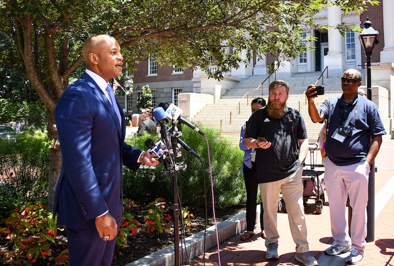 Maryland Gov. Wes Moore speaks to reporters outside the State House in Annapolis on Wednesday, June 24, 2026.