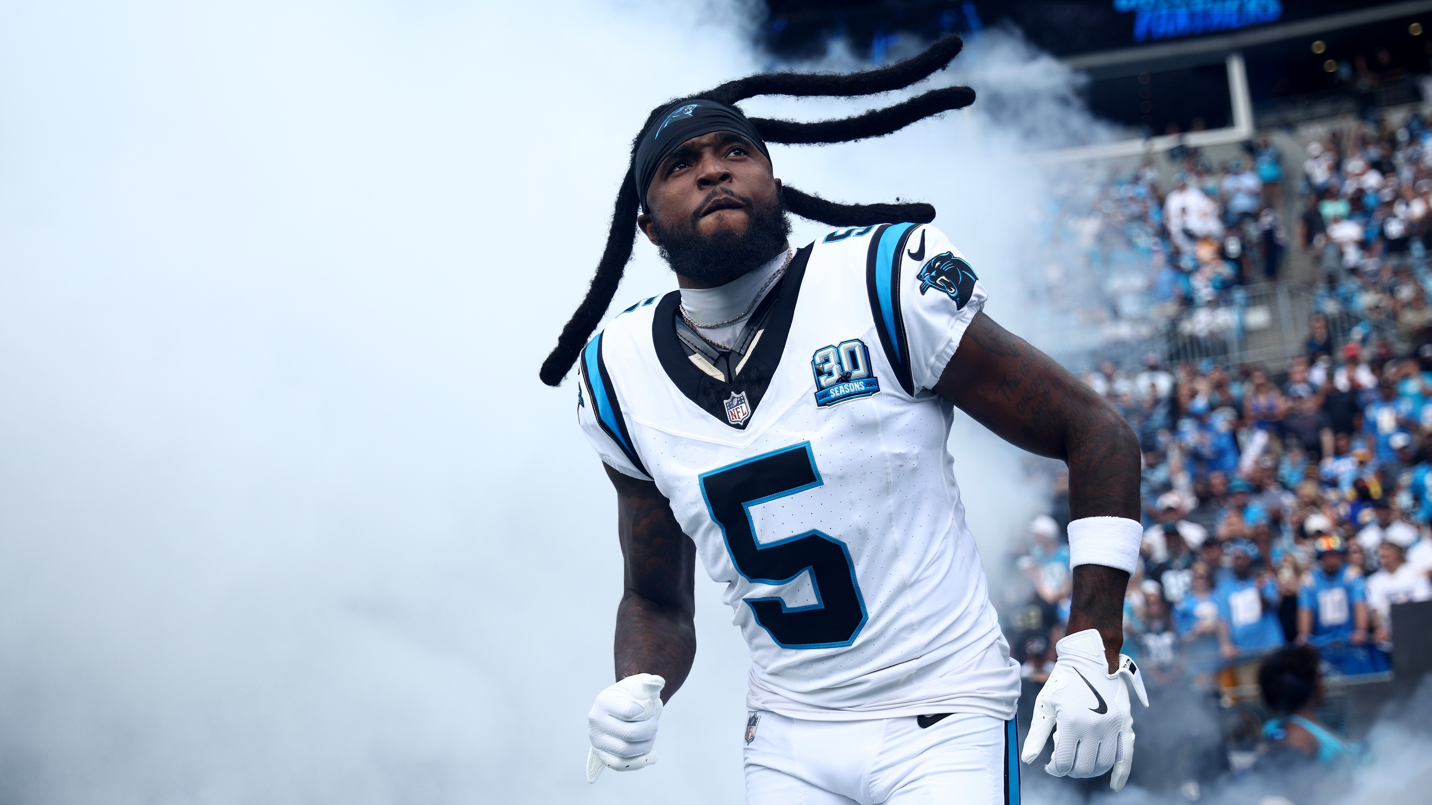 CHARLOTTE, NORTH CAROLINA - SEPTEMBER 15: Wide receiver Diontae Johnson #5 of the Carolina Panthers takes the field prior to the game against the Los Angeles Chargers at Bank of America Stadium on September 15, 2024 in Charlotte, North Carolina. (Photo by Jared C. Tilton/Getty Images)