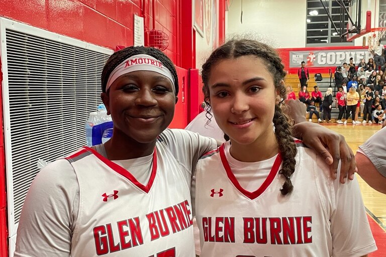 Amourie Porter (left) and Lania Nick helped Glen Burnie successfully begin its defense of the Anne Arundel County girls basketball crown. Porter scored a game-high 24 points and Nick finished with 16 as the No. 6 Gophers defeated No. 8 Old Mill, 59-47, in the league opener for both teams.