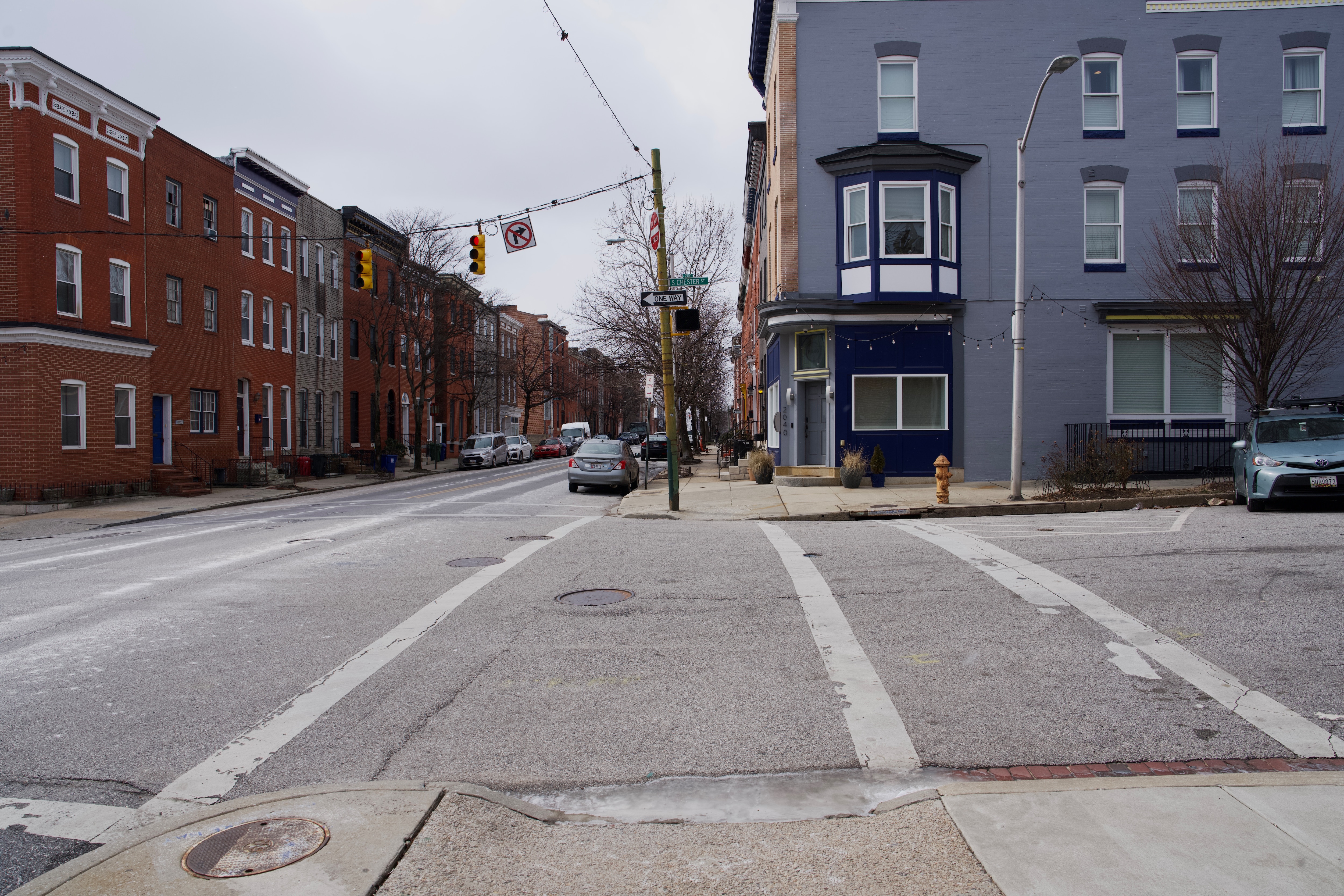 The intersection of E. Pratt and S. Chester streets, where an Amazon driver ran over a woman in the Butchers Hill neighborhood and fled on Tuesday, February 18, 2025.