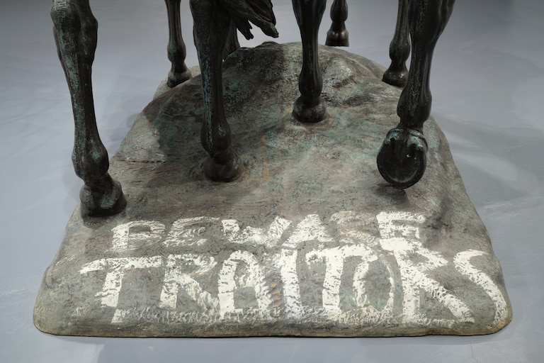 A detailed view of the Stonewall Jackson and Robert E. Lee Monument. Installation view of “MONUMENTS,” October 23, 2025–May 3, 2026, at the Geffen Contemporary at MOCA. Courtesy of the Museum of Contemporary Art (MOCA) and the Brick.
