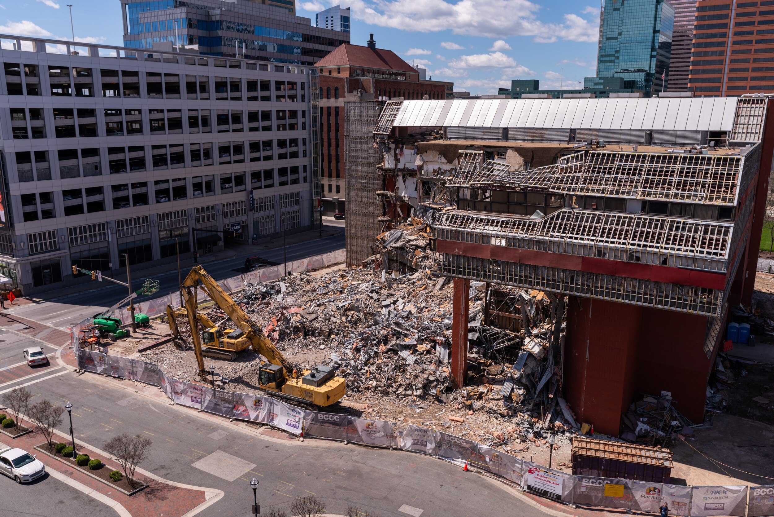 Demolition of the Baltimore City Community College Bard Building, at the intersection of East Lombard Street and Market Place in Baltimore, on April 13, 2024.