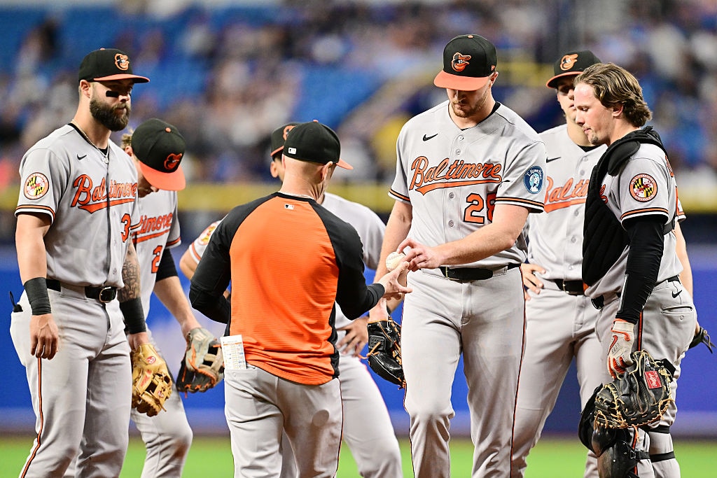 Orioles left-hander Trevor Rogers is relieved by manager Craig Albernaz in the fourth inning after surrendering seven earned runs.