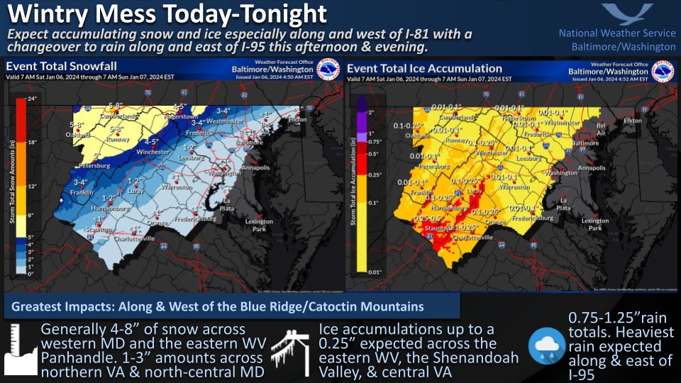 The National Weather Service tracked a winter storm through parts of Maryland and Virginia on Saturday.