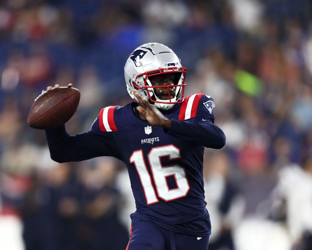 Quarterback Malik Cunningham, #16 of the New England Patriots, passes during the fourth quarter during the preseason game against the Houston Texans at Gillette Stadium on Aug. 10, 2023 in Foxborough, Massachusetts. (Photo by Omar Rawlings/Getty Images)