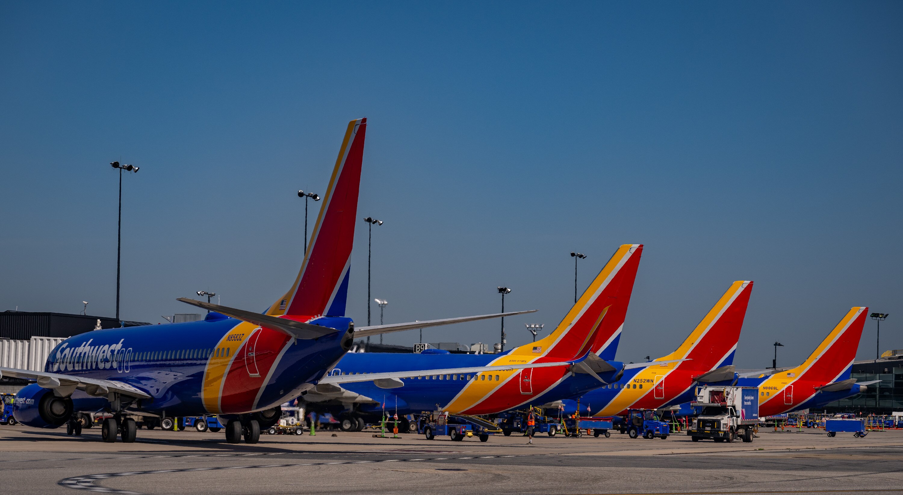 Southwest Airlines jets fill the gates at Baltimore/Washington International Thurgood Marshall Airport. The airport is celebrating its 75th birthday.