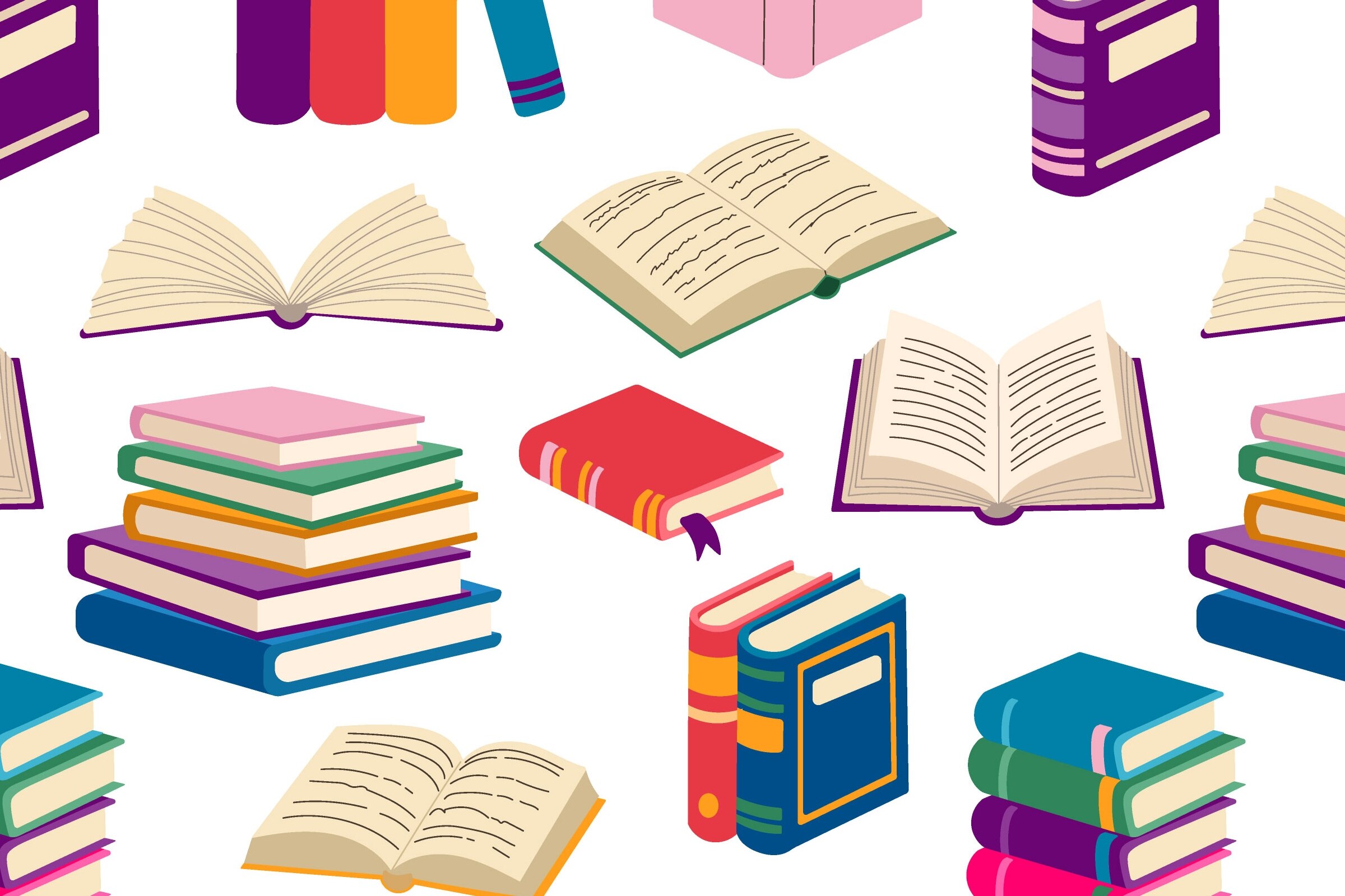 A pattern of books with some of them open. The books are of different sizes and colors. The pattern is made up of various books stacked on top of each other