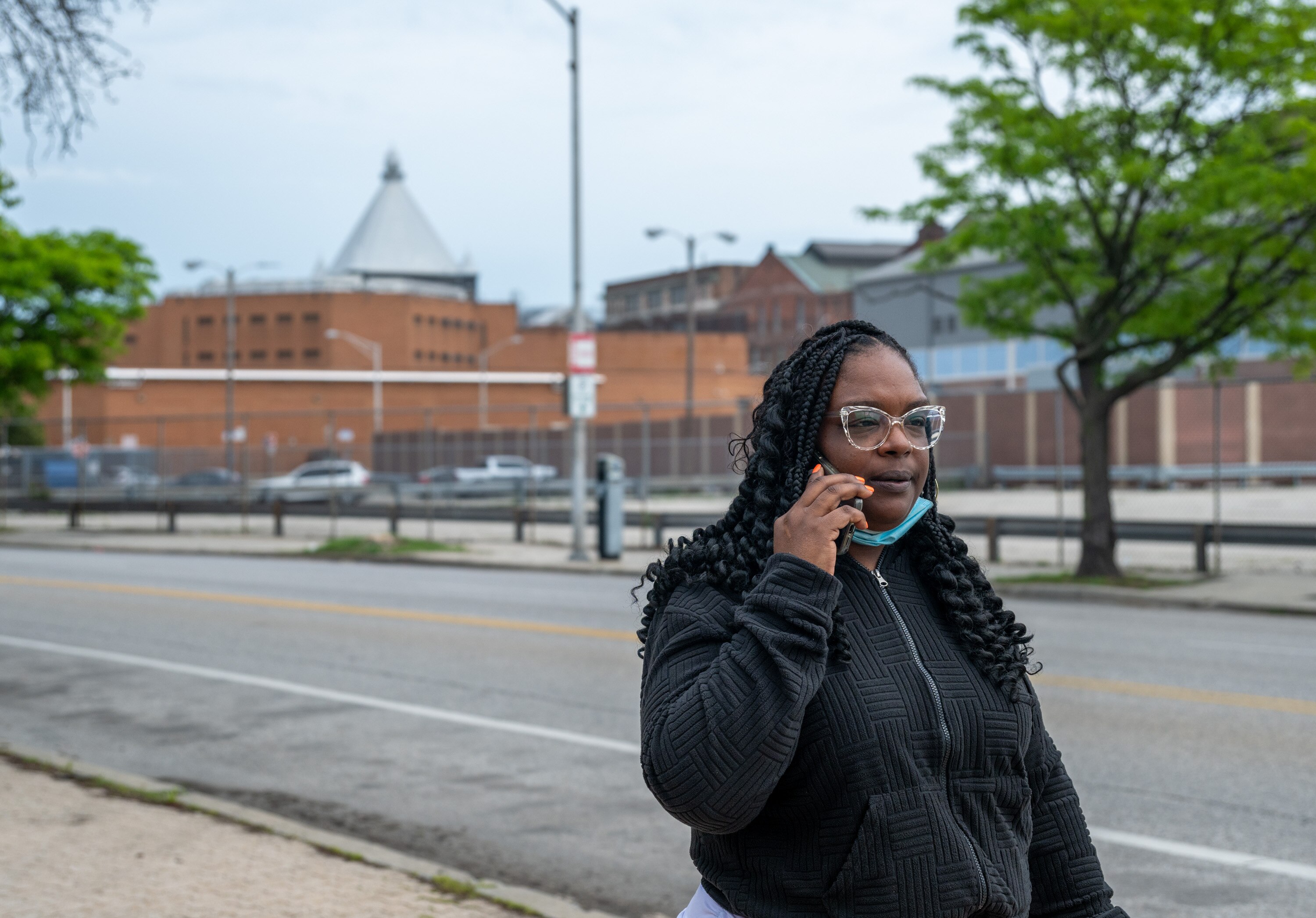 Diana Scott talks on the phone after canvassing homeless encampments and other areas of Baltimore to search for her friend Felicia Anderson, who she says has been experiencing a mental health crisis.