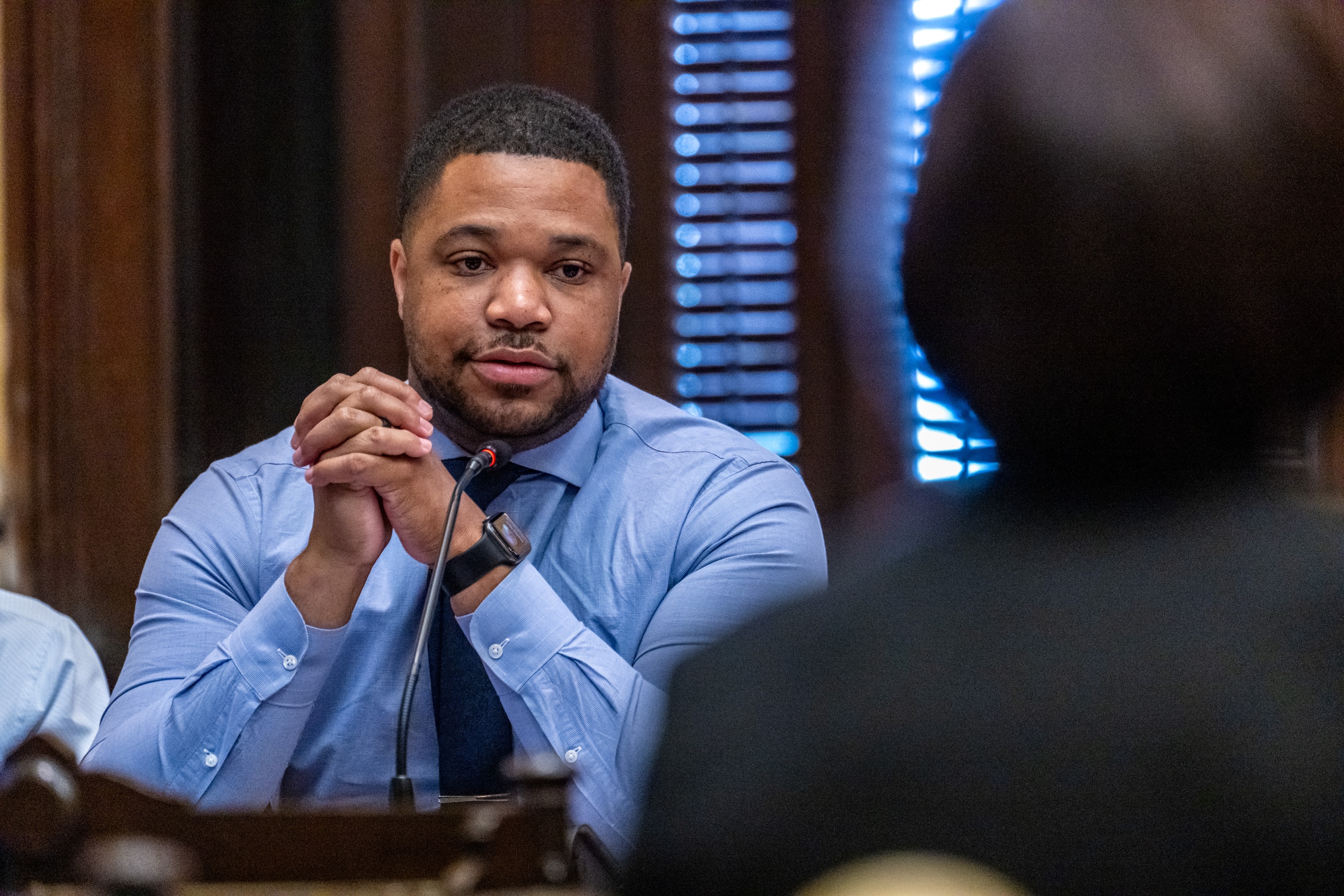 Wednesday, July 23, 2025 — Councilman James Torrence questions Alyssa Lord, Deputy Secretary for Behavioral Health, during a Baltimore City Council committee hearing on the opioid crisis.