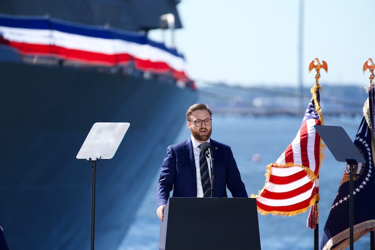 Brian Schimpf, CEO of Anduril, speaks to the crowd ahead of President Donald J. Trump’s visit Tradepoint Atlantic to tout development of the submarine facility on October 6, 2026 in Edgemere, Maryland.