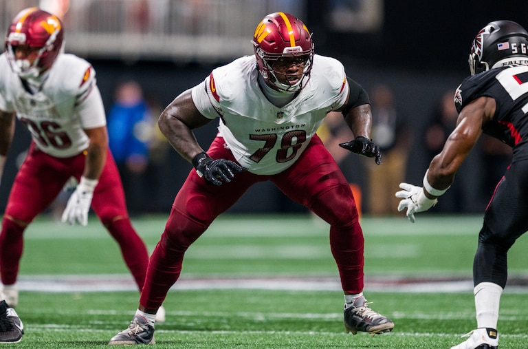 Washington Commanders offensive tackle Laremy Tunsil works during the second half of a game against the Atlanta Falcons in Week 4.
