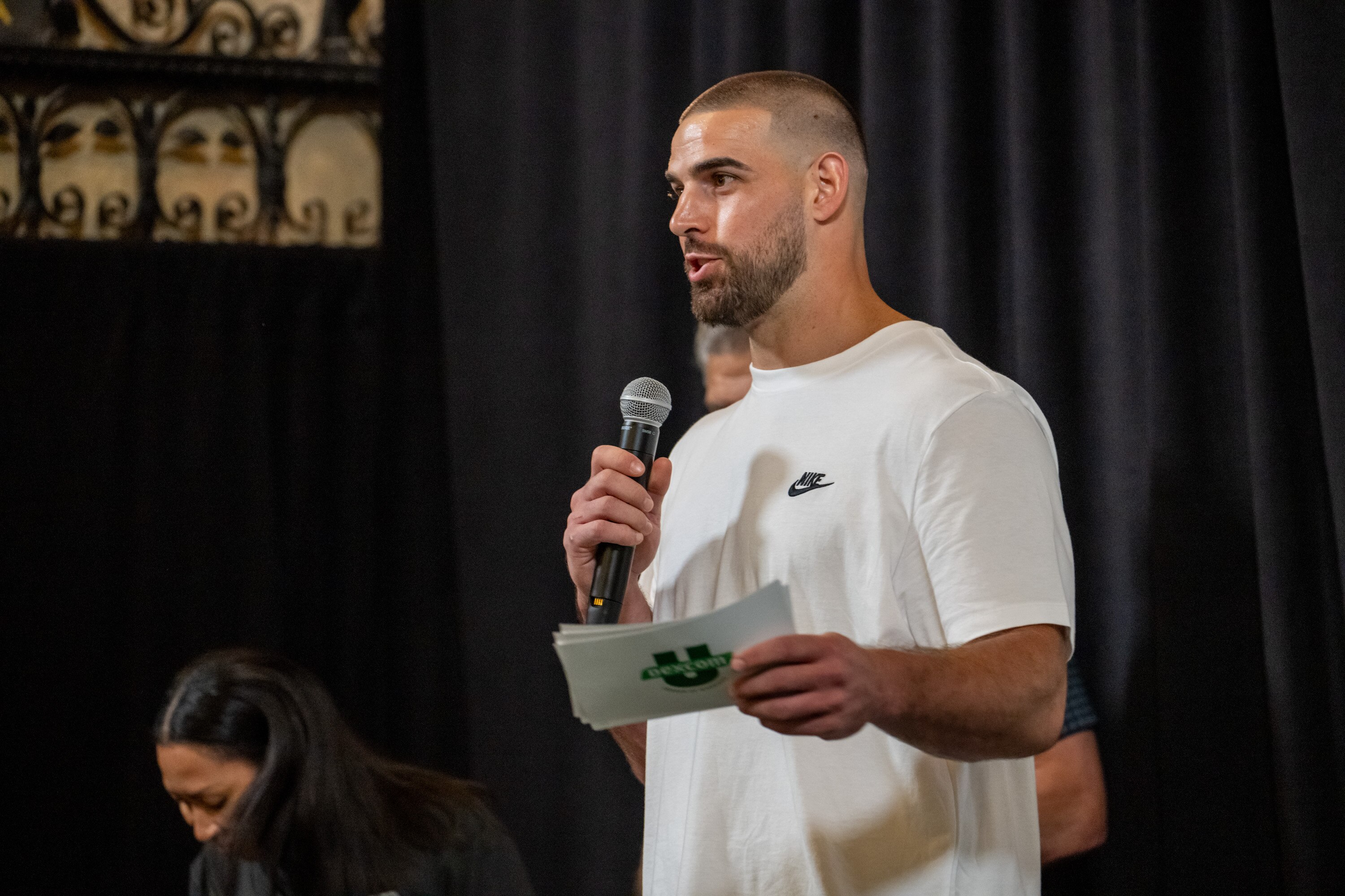 Tight end Mark Andrews speaks before the introduction of the 2025 Dexcom U season, the only name, image and likeness program for college athletes with diabetes.