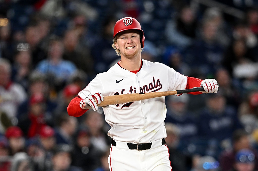 Washington Nationals right fielder Joey Wiemer reacts after striking out in the third inning.