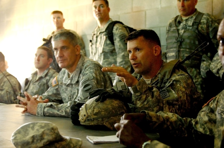 Col. Michael Fenzel, the commander of 3rd Brigade Combat Team, 82nd Airborne Division, briefs General David Rodriguez, the commander for U.S. Army Forces Command on the events of the recently-executed Joint Operations Access Exercise June 7, 2012.