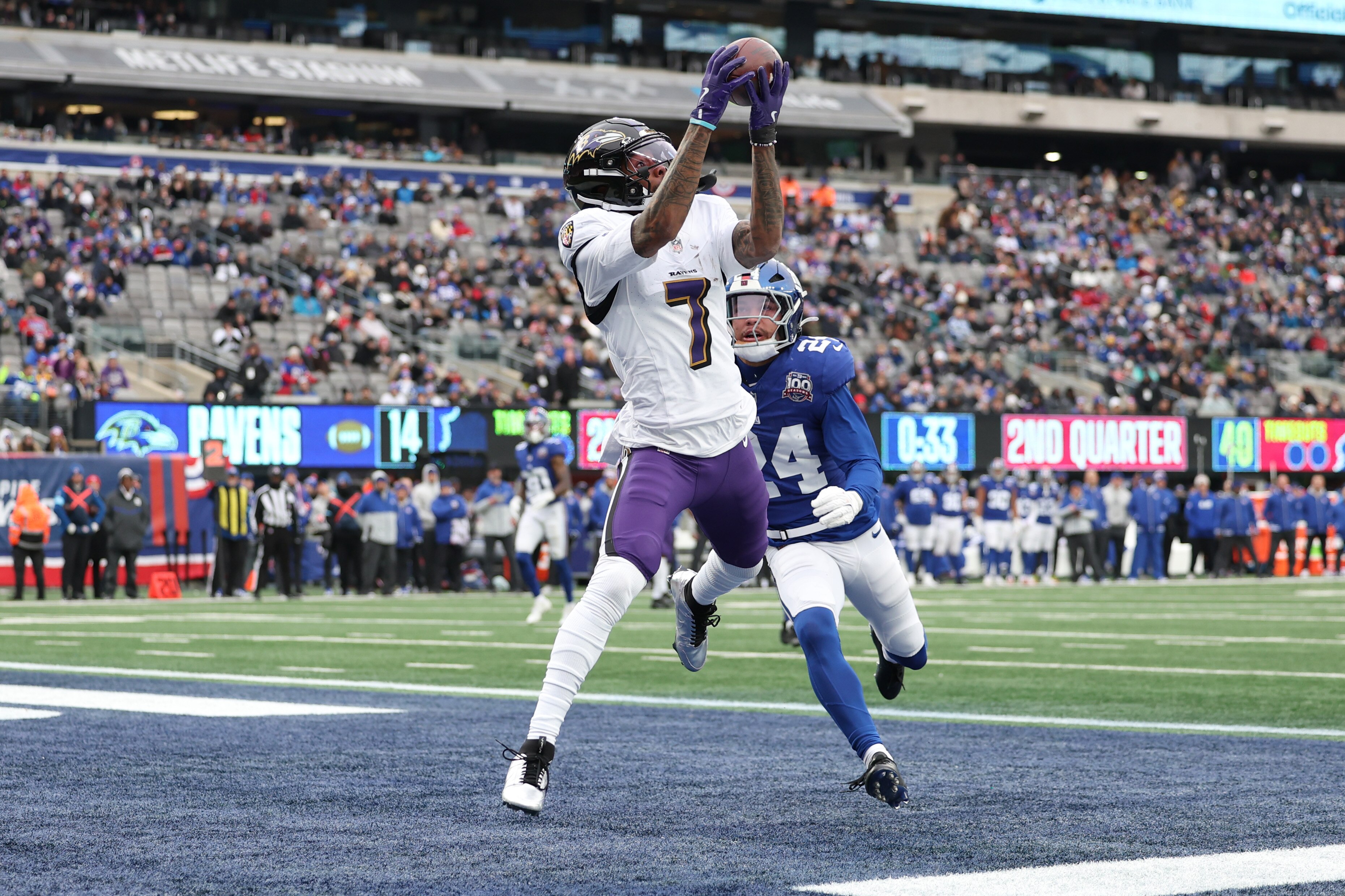 EAST RUTHERFORD, NEW JERSEY - DECEMBER 15: Rashod Bateman #7 of the Baltimore Ravens scores a touchdown during the second quarter of a game against the New York Giants at MetLife Stadium on December 15, 2024 in East Rutherford, New Jersey. (Photo by Luke Hales/Getty Images)