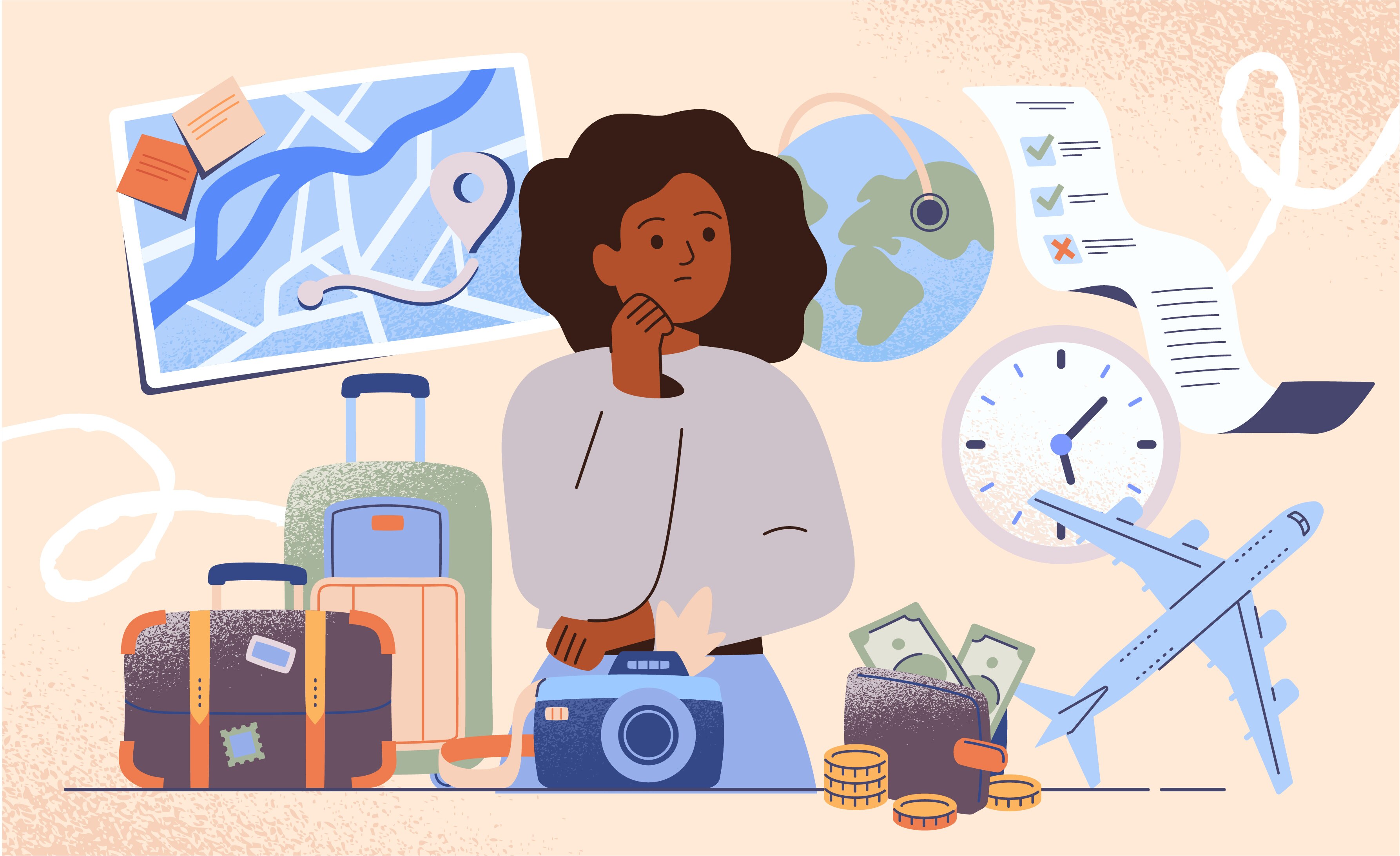 Illustration of a woman weighing all of her travel options.
