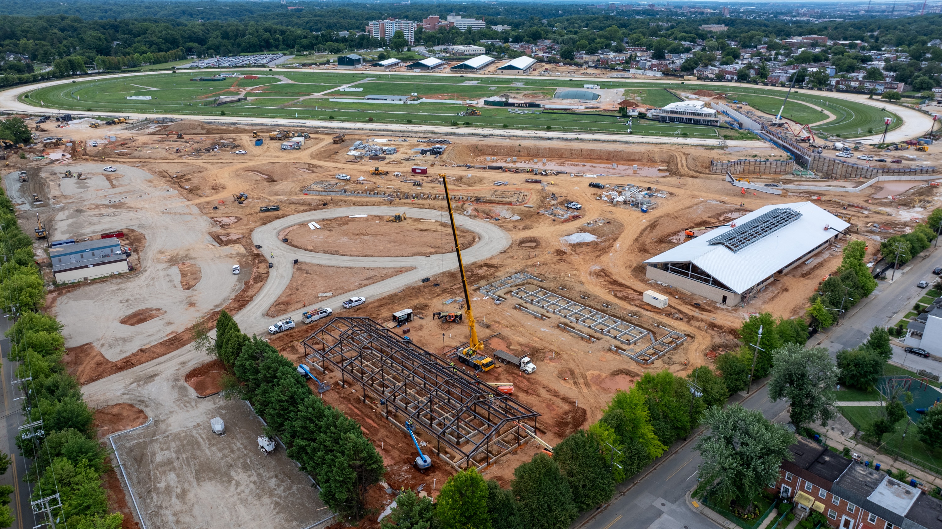 A new barn is framed on the footprint of the former Stakes Barn at Pimlico Race Course.