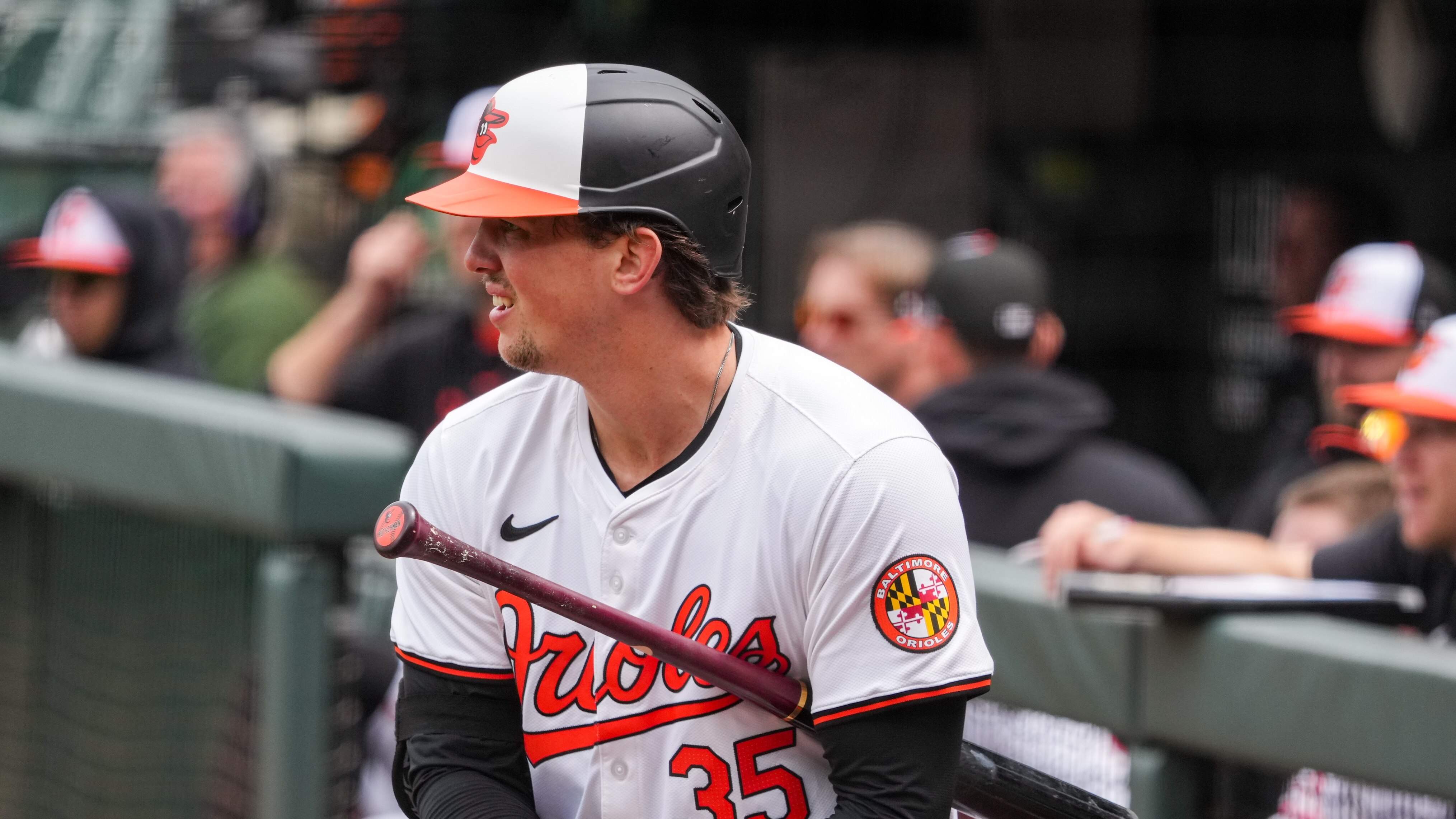 Baltimore Orioles catcher Adley Rutschman (35) gets ready for his first at-bat during game three of a series against the Minnesota Twins at Camden Yards on April 17, 2024. The Orioles won Wednesday, 4-2, to sweep the series against the Twins.