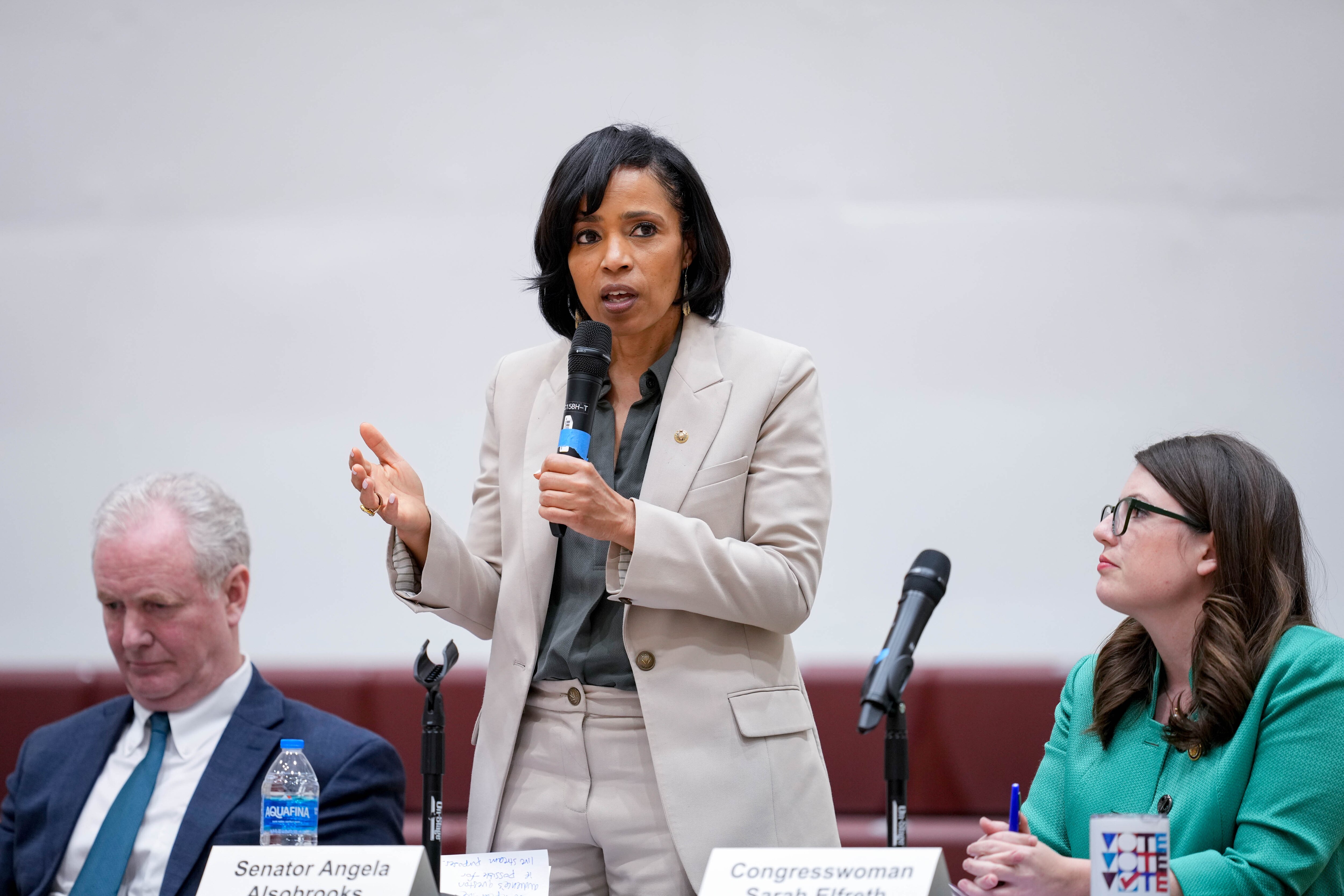 Sen. Angela Alsobrooks, joined by Sen. Chris Van Hollen and Rep. Sarah Elfreth fields questions from attendees during a U.S. Congressional town hall meeting at Howard Community College’s Kahlert Complex in Columbia, Md. on Tuesday, March 11, 2025.