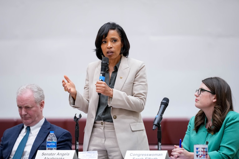 Sen. Angela Alsobrooks, joined by Sen. Chris Van Hollen and Rep. Sarah Elfreth fields questions from attendees during a U.S. Congressional town hall meeting at Howard Community College’s Kahlert Complex in Columbia, Md. on Tuesday, March 11, 2025.