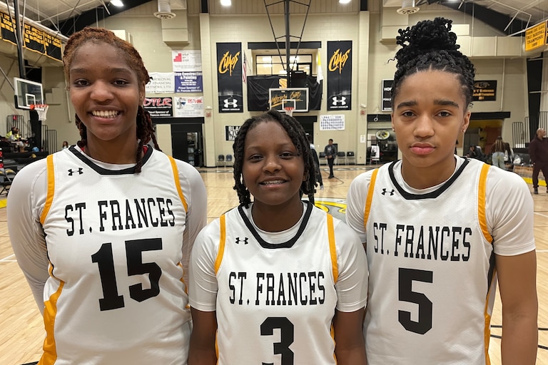 St. Frances girls basketball seniors Ande'a Cherisier (left), Kameryn Dorsey and Kimmya Hicks came up big on Senior Day Saturday afternoon. The Panthers defeated No. 7 Glen Burnie in their regular season finale in East Baltimore.