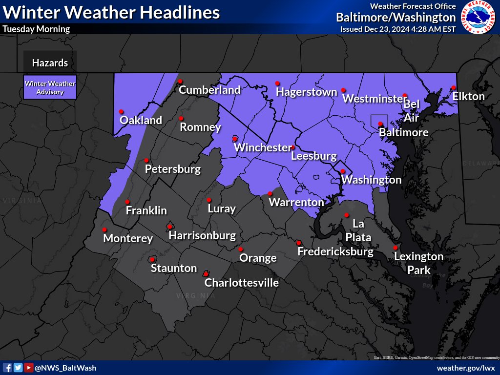 The National Weather Service has issued winter weather advisories for the areas in purple for freezing rain on Tuesday.
