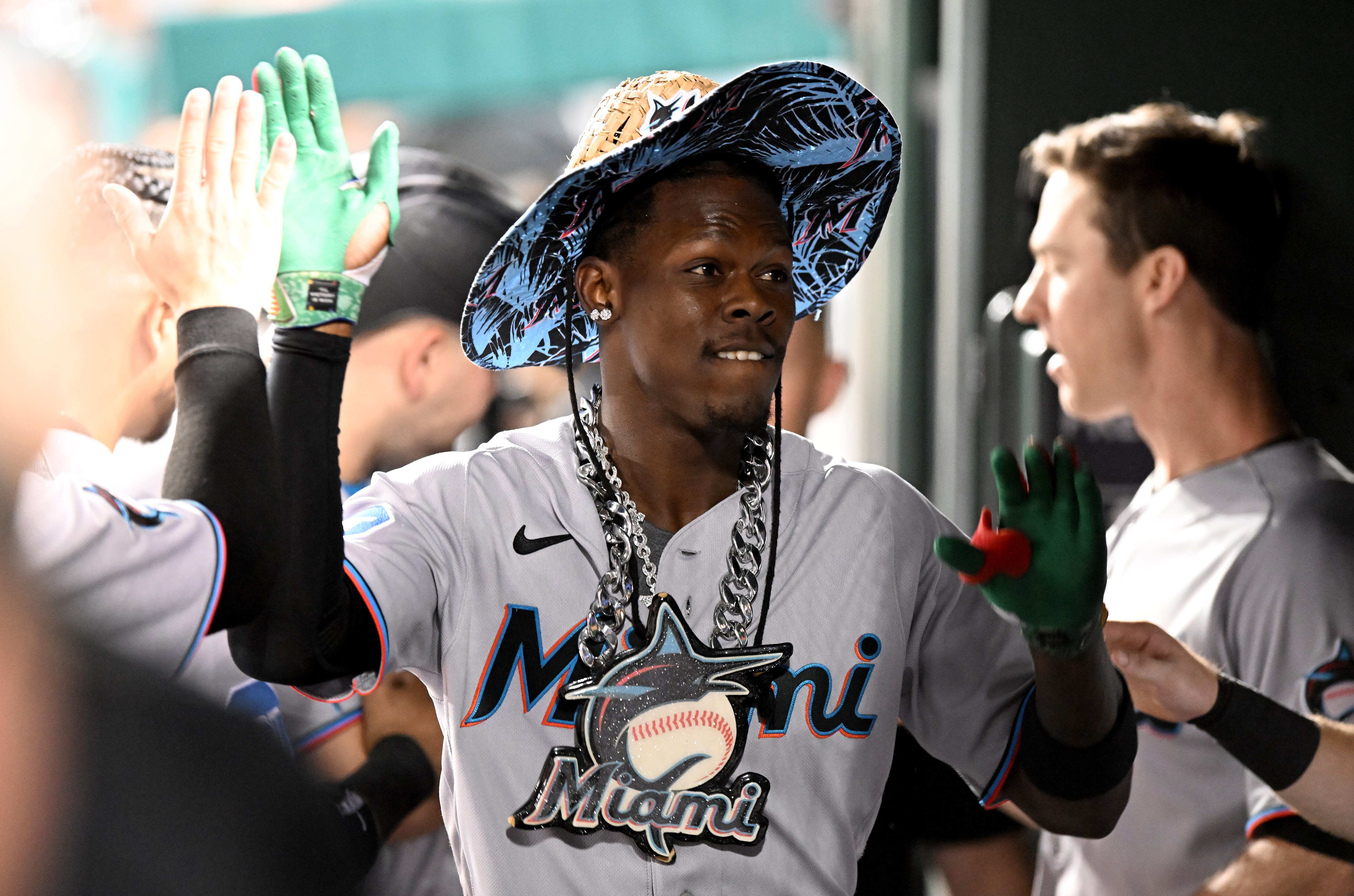 WASHINGTON, DC - AUGUST 31: Jazz Chisholm Jr. #2 of the Miami Marlins celebrates with teammates in the dugout after hitting a three-run home run in the fifth inning against the Washington Nationals at Nationals Park on August 31, 2023 in Washington, DC. (Photo by Greg Fiume/Getty Images)